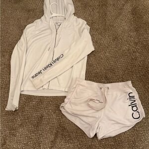 Calvin Klein White Zip-Up Hoodie + Shorts Matching Set